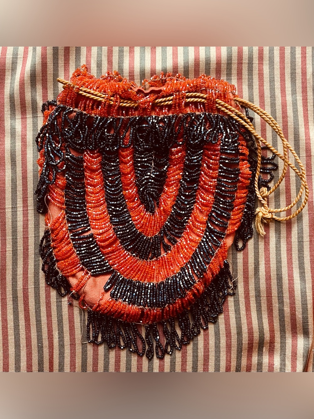 Antique Victorian Black Orange Beaded Drawstring Purse Gothic Halloween